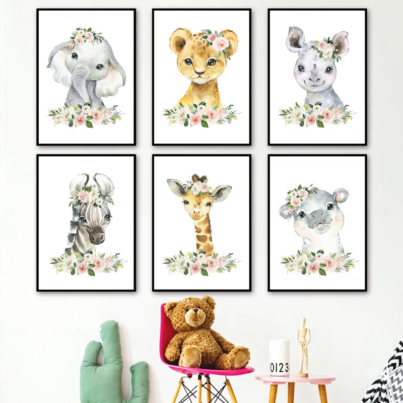 Baby Nursery Posters - Floral Jungle Animals Canvas Prints Nursery