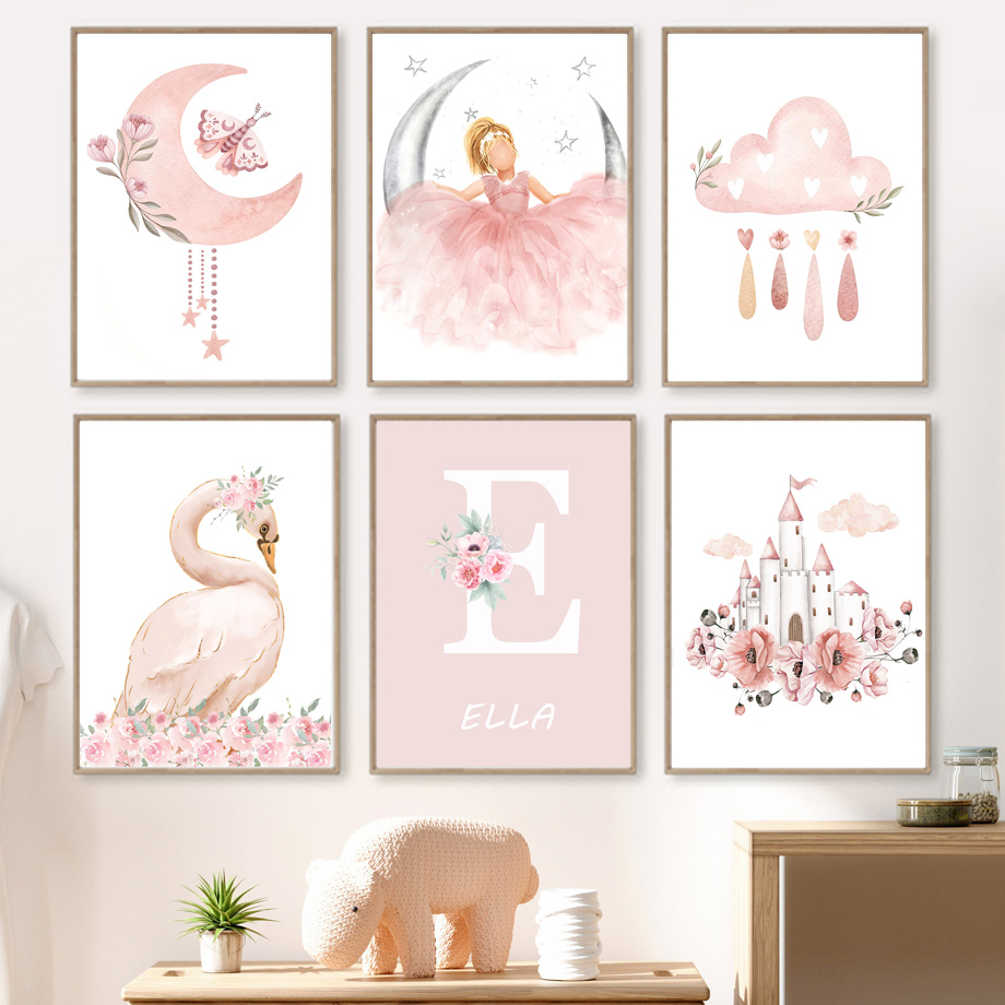 Baby Nursery Posters - Pink Angel Girl Sun Moon Cloud