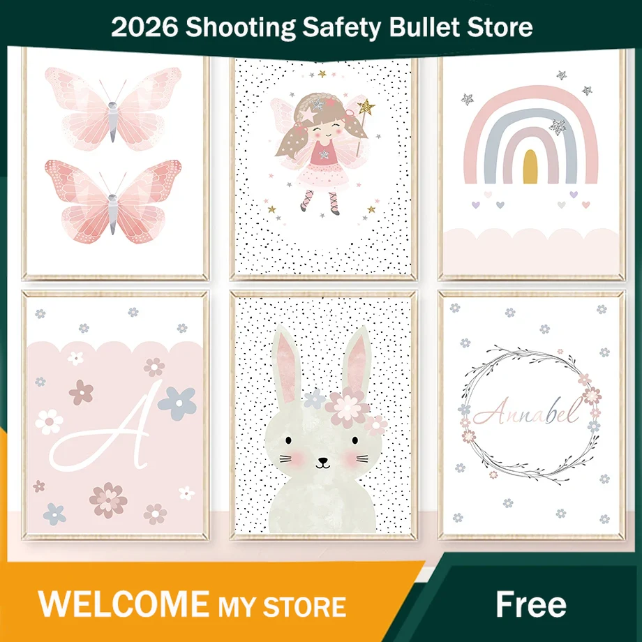 Baby Nursery Posters - Cute Girl Rabbit Flower Butterfly Rainbow
