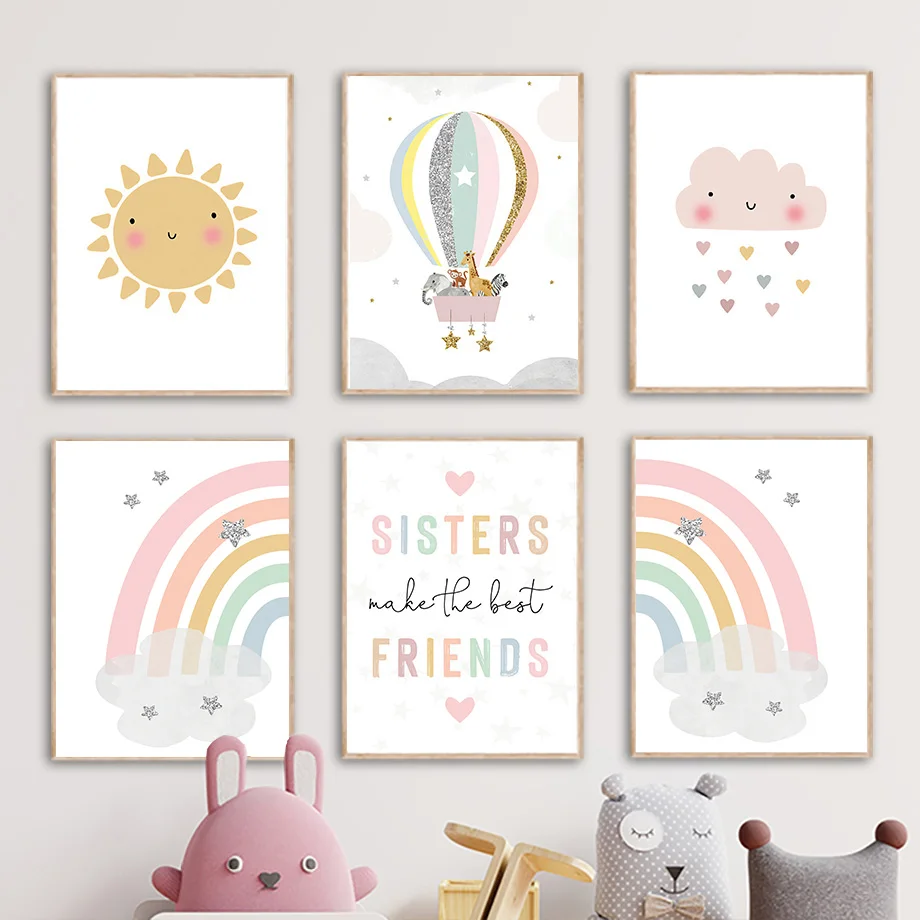 Baby Nursery Posters - Giraffe Elephant Hot Balloon Sun Rainbow