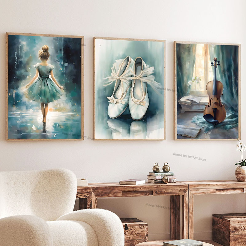 Baby Nursery Posters - Watercolor Ballet Girl Shoes Cello Nursery
