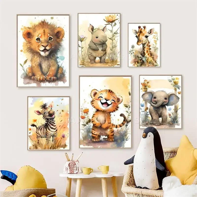 Baby Nursery Posters - Watercolor Lion Giraffe Tiger Elephant Zebra