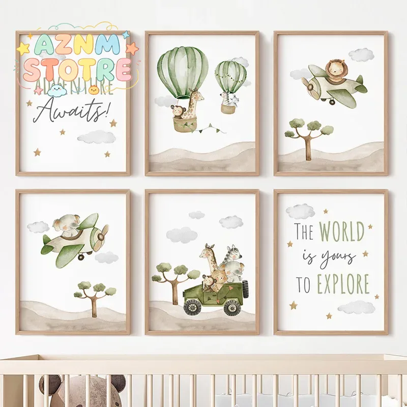 Baby Nursery Posters - Hot Air Balloon Animals Posters Canvas