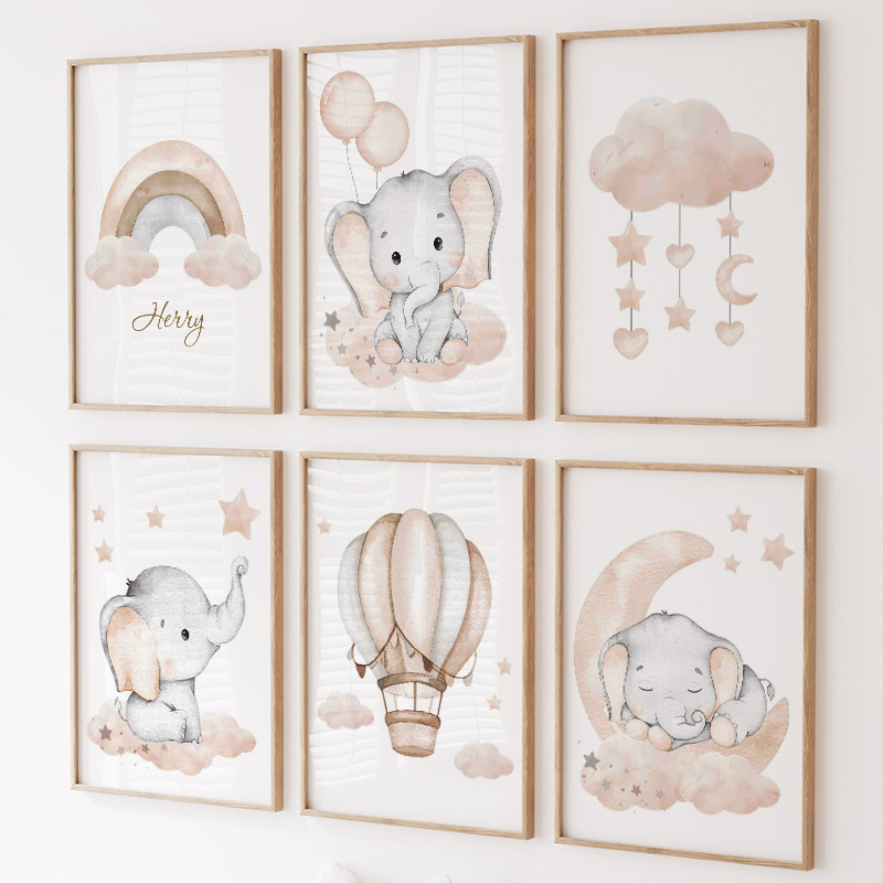 Baby Nursery Posters - Cute Elephant Hot Balloon Moon Rainbow